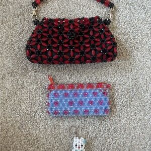 Red and Black Beaded Handbag with Blue and Red Pouch